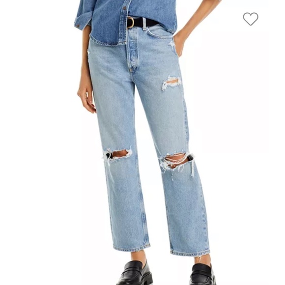 NWzt Aritzia AGOLDE color Blue 90's Ripped High Rise Straight Jeans